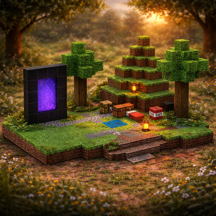Магнітний конструктор Minecraft Портал біля пагорба з ліжком та скринею