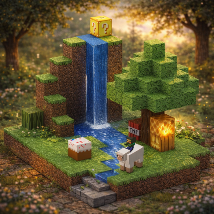 Магнітний конструктор Minecraft Гірський водоспад із Лакі блоком на вершині