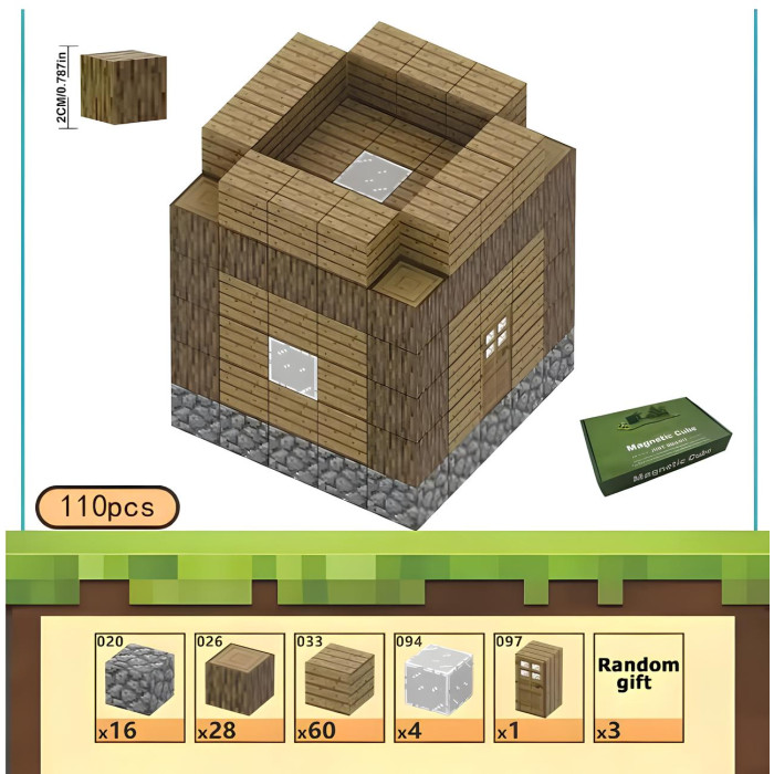 Магнітний конструктор Minecraft Базовий дерев'яний дім із вікнами та дверима